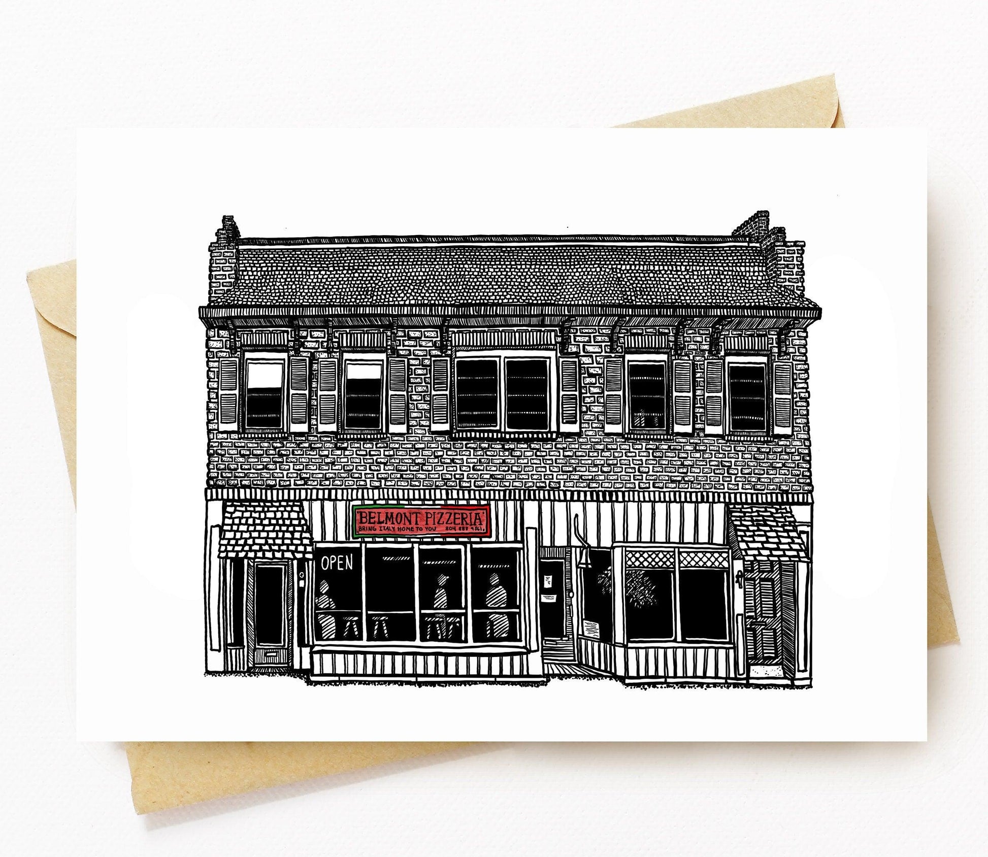 BellavanceInk: Cultural Landmark Greeting Card With A Pen & Ink Drawing Of Belmont Pizzeria In Richmond Virginia 5 x 7 Inches - BellavanceInk