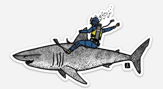 BellavanceInk: Scuba Diver Riding Rodeo On A Great White Shark Vinyl Sticker Illustration - BellavanceInk