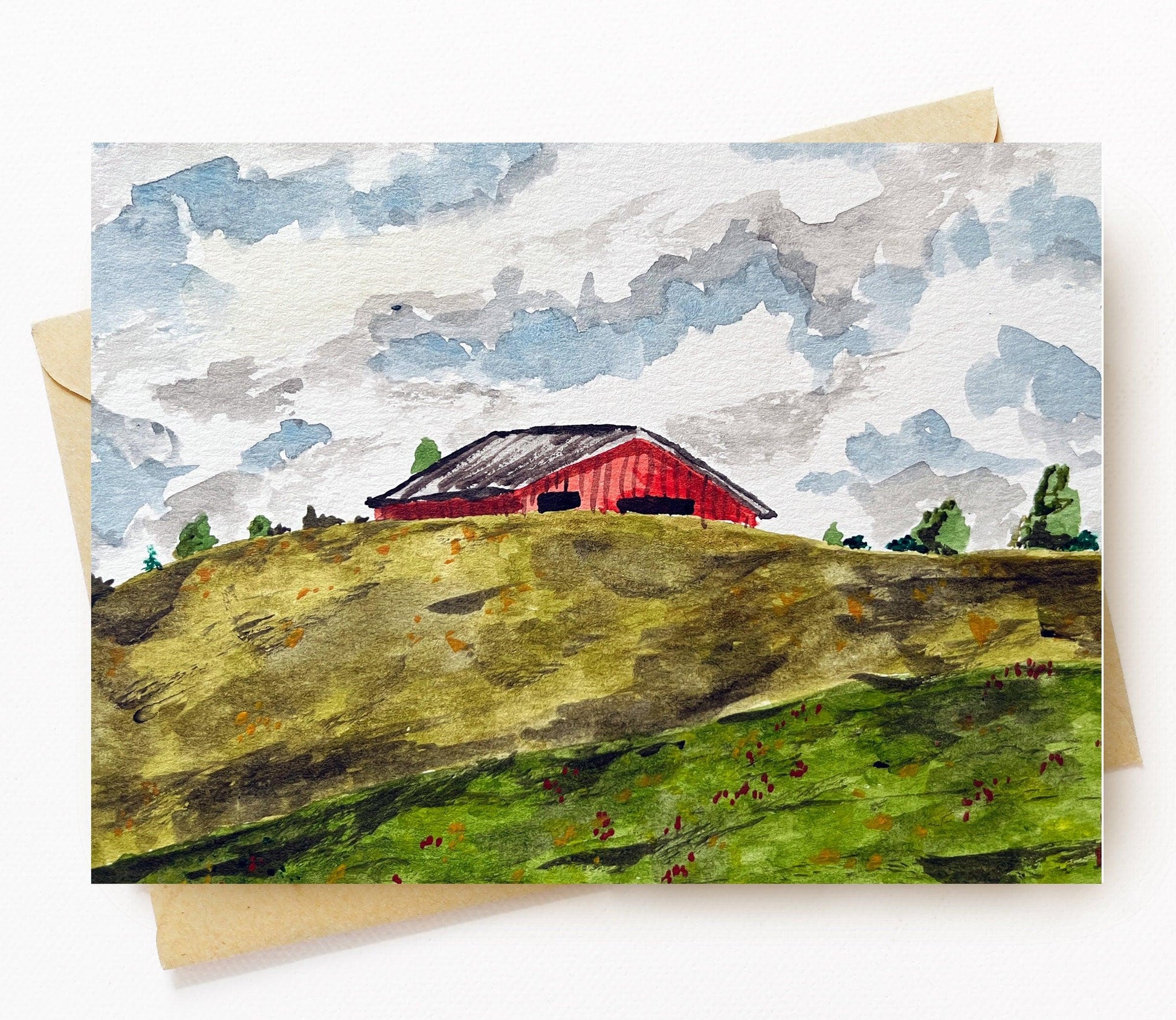BellavanceInk: Greeting Card With Watercolor Of Barn Behind Hills in Ivy Virginia  5 x 7 Inches - BellavanceInk