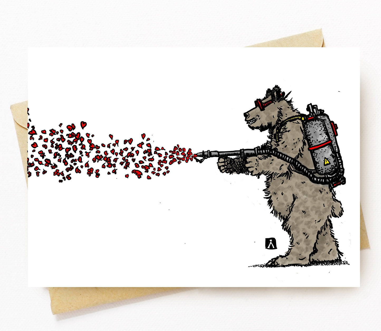 BellavanceInk: Valentines Day Card With A Bear Using A Flame Thrower To Share His Valentines Pen & Ink Illustration 5 x 7 Inches - BellavanceInk