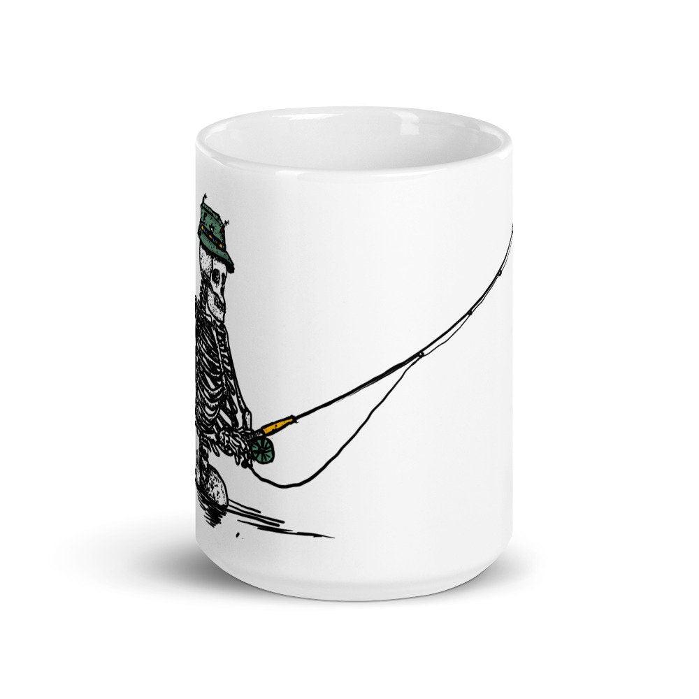 BellavanceInk: Coffee Mug With Pen & Ink Drawing Of Skeleton Fly Fishing Along The River Styx - BellavanceInk