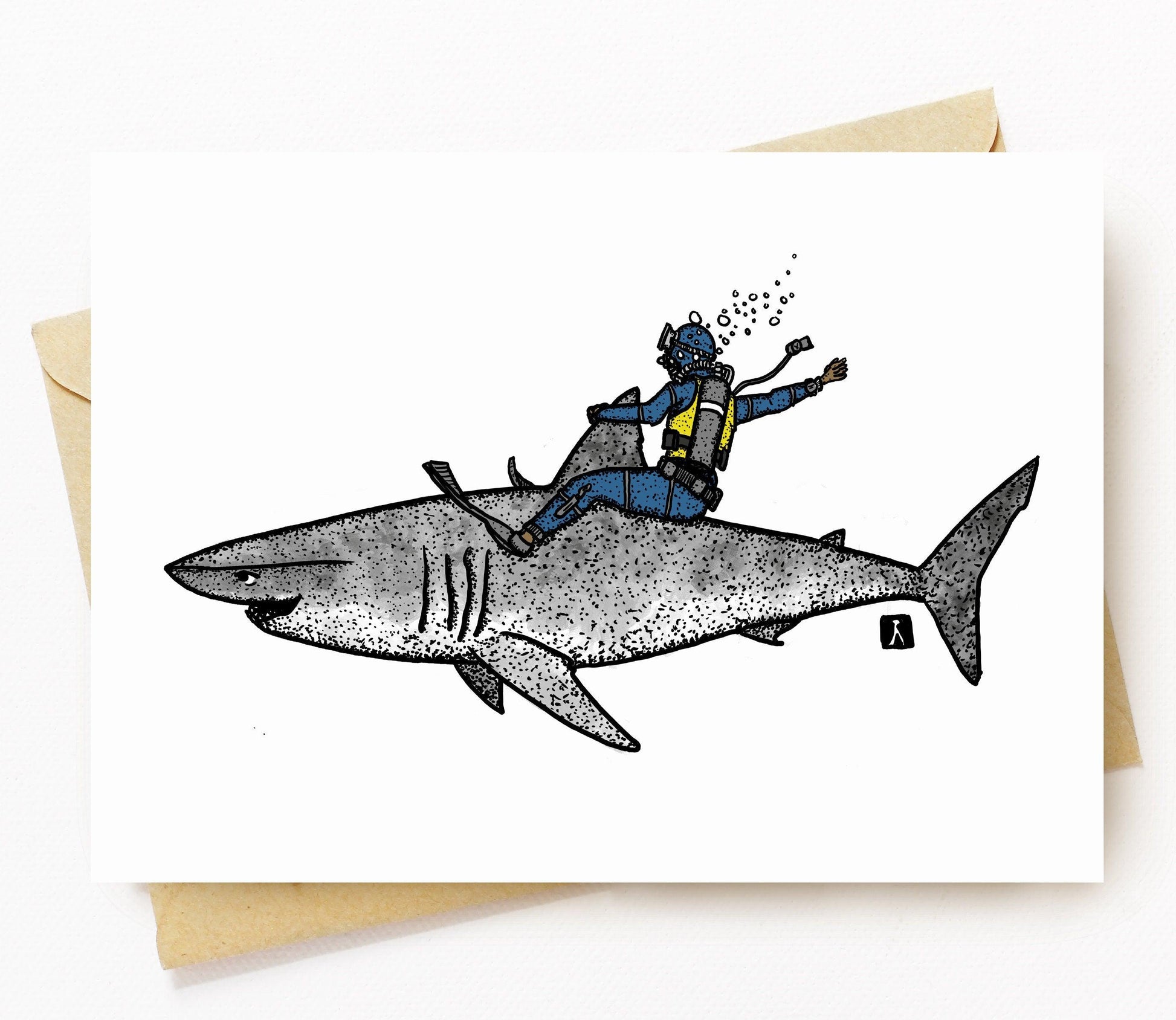 BellavanceInk: Greeting Card With Scuba Diver Riding Bronco On A Great White Shark Pen & Ink Watercolor Illustration 5 x 7 Inches - BellavanceInk