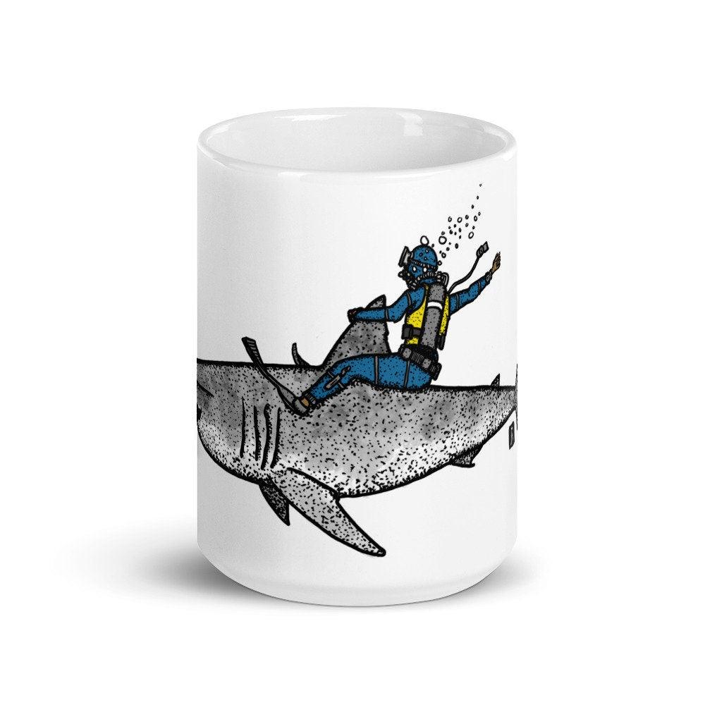 BellavanceInk: White Coffee Mug With Scuba Diver Riding Bronco On A Great White Shark Pen & Ink Watercolor Illustration - BellavanceInk