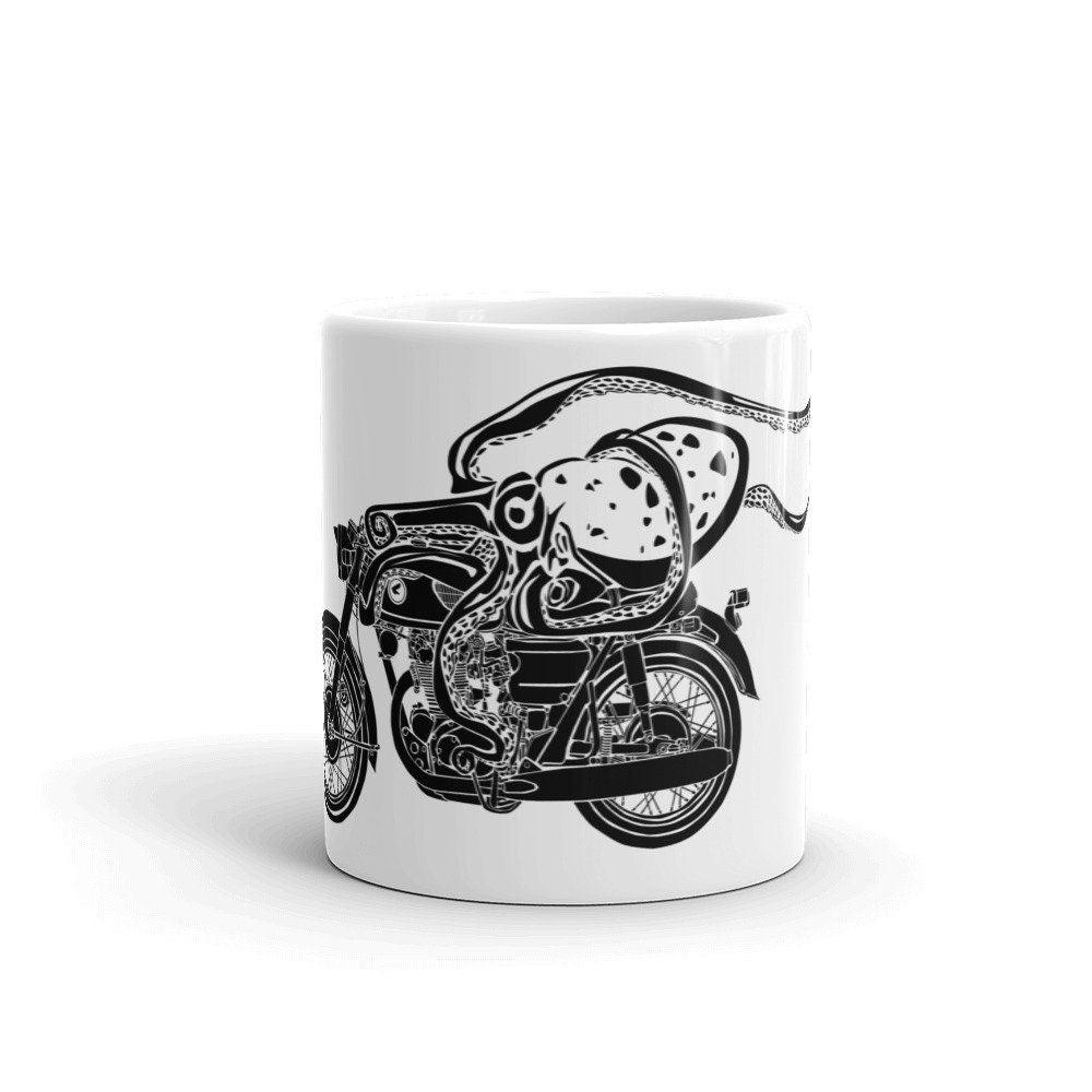 BellavanceInk: Coffee Mug With Octopus Riding Their Cafe Racer Motorcycle - BellavanceInk