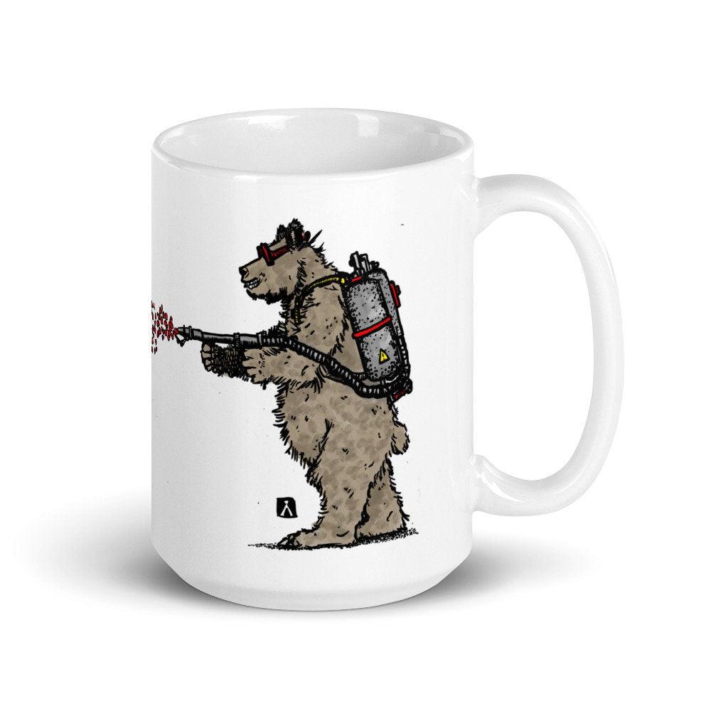BellavanceInk: White Coffee Mug With A Bear Using A Flame Thrower To Share His Valentines Pen & Ink Illustration - BellavanceInk