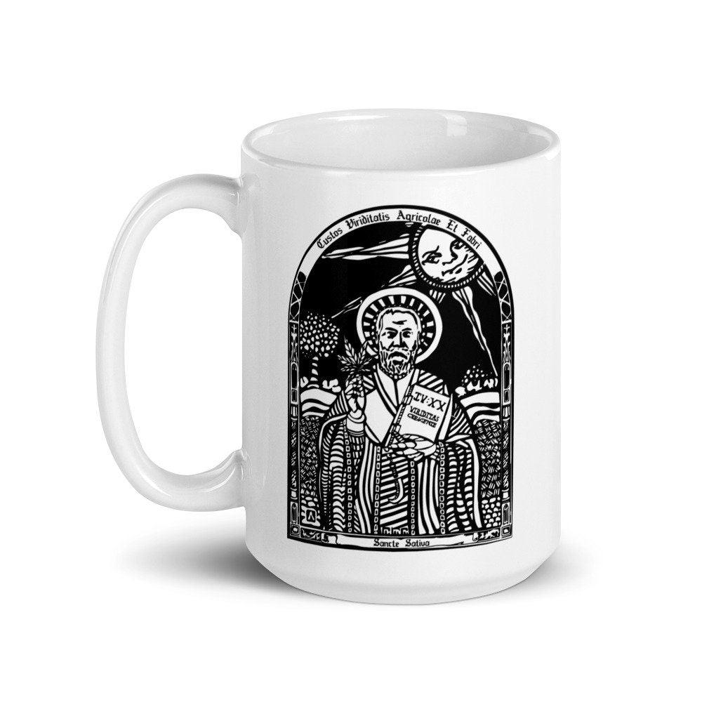 BellavanceInk: Coffee Mug With Saint Sativa The Patron Saint Of Cannabis Growers & Partakers Wood Cut Style Graphic - BellavanceInk