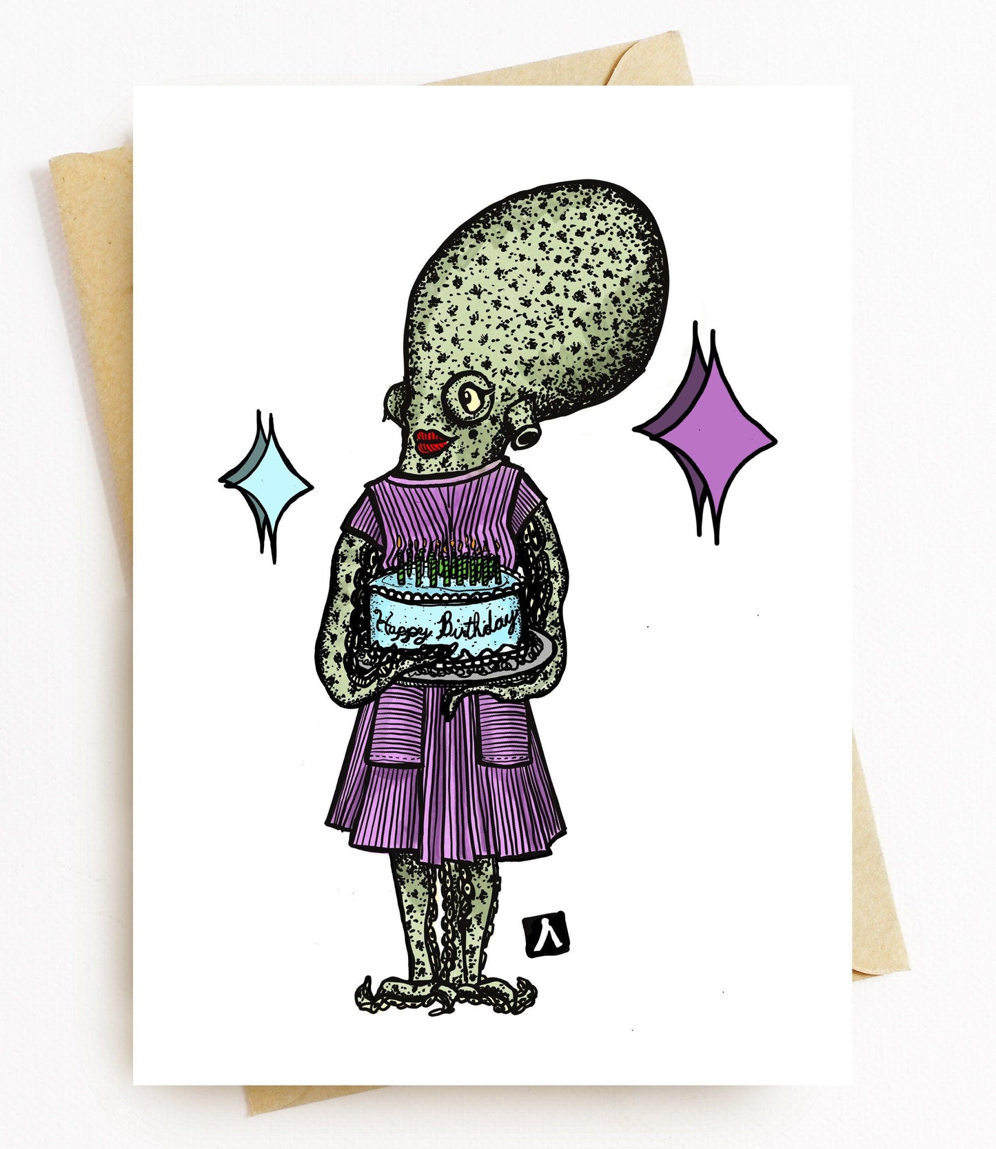 BellavanceInk: Birthday Card With 1950's Octopus Presenting A Birthday Cake Pen & Ink Watercolor Illustration 5 x 7 Inches - BellavanceInk