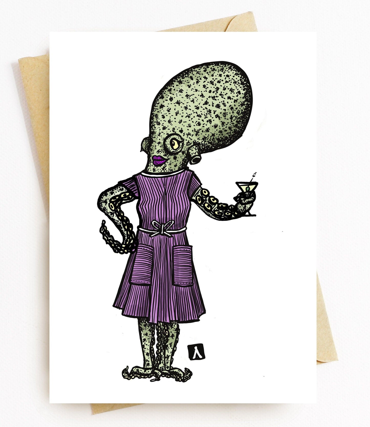 BellavanceInk: Greeting Card With 1950's Octopus Holding A Martini Pen & Ink Watercolor Illustration 5 x 7 Inches - BellavanceInk