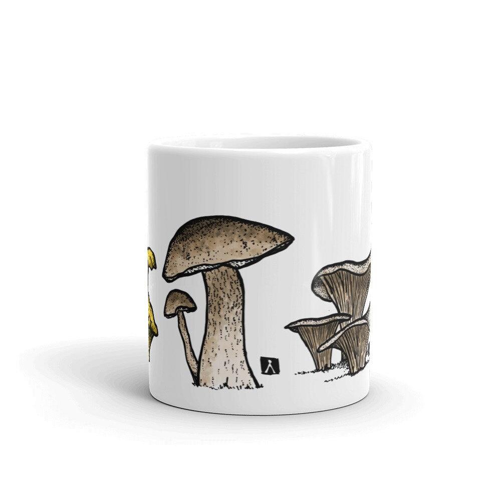BellavanceInk: White Coffee Mug With Pen/Ink Watercolor Oyster Mushroom Porcini Mushroom Chanterelle Mushroom And Morel Mushroom - BellavanceInk