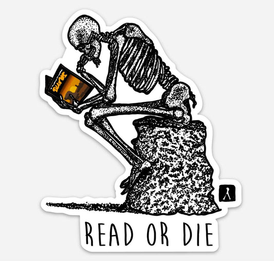 BellavanceInk: Skeleton Reading A Book In Deep Thought Hand Drawn Vinyl Sticker Illustration "Read Or Die" - BellavanceInk