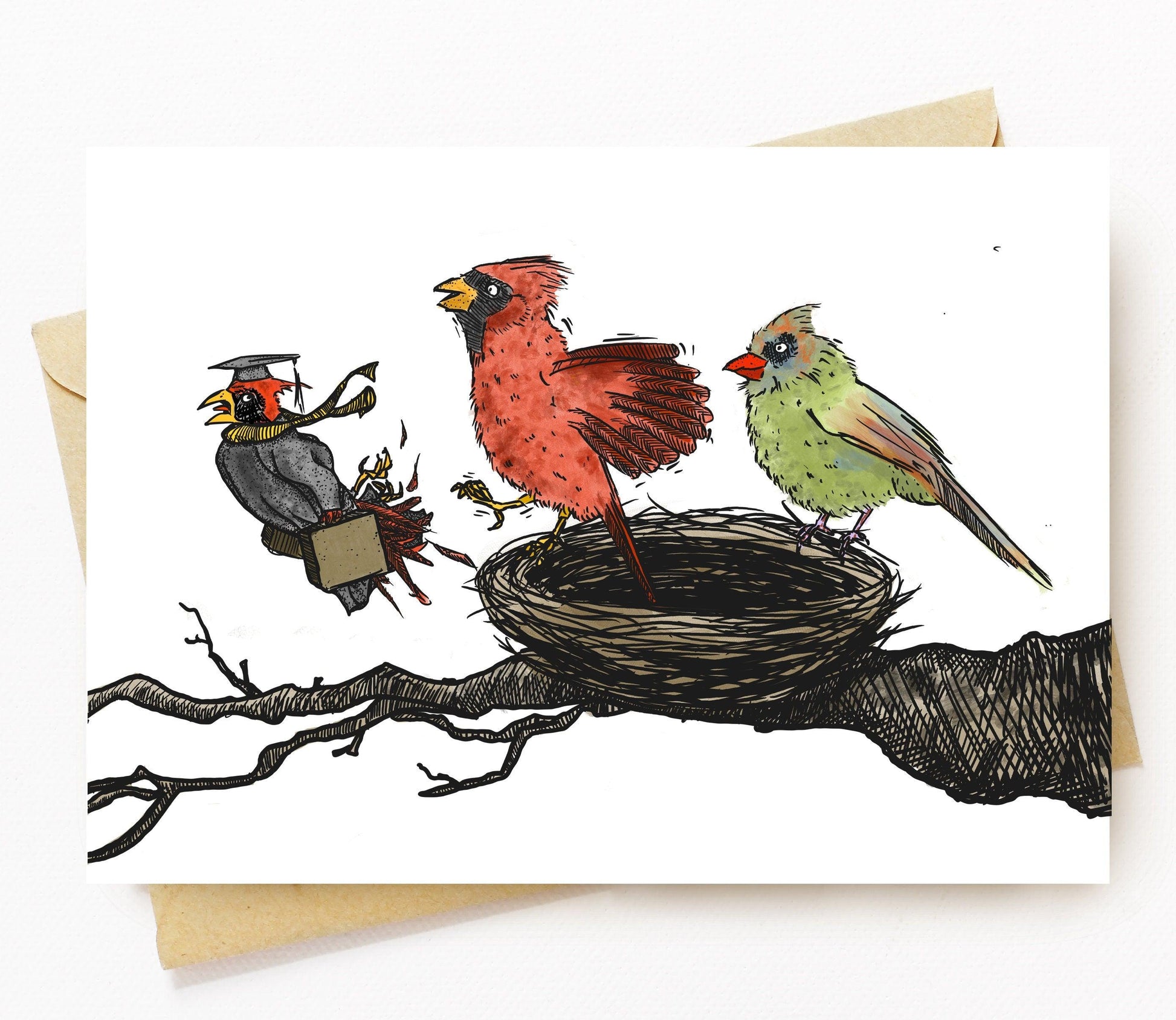 BellavanceInk: Graduation Greeting Card With Cardinal Family Kicking College Graduate Out Of The House Pen & Ink Illustration 5 x 7 Inches - BellavanceInk