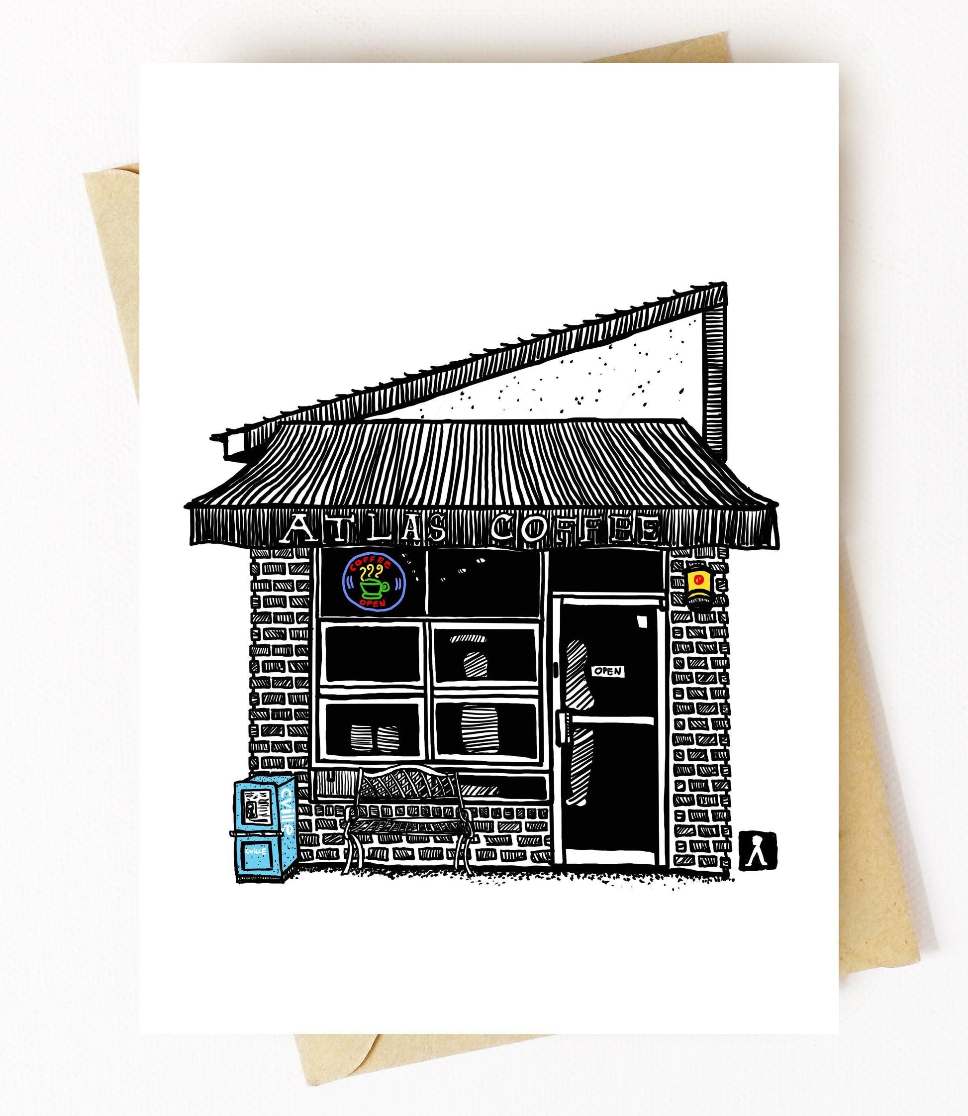 BellavanceInk: Greeting Card With A Pen & Ink Drawing Of Atlas Coffee In Charlottesville  5 x 7 Inches - BellavanceInk