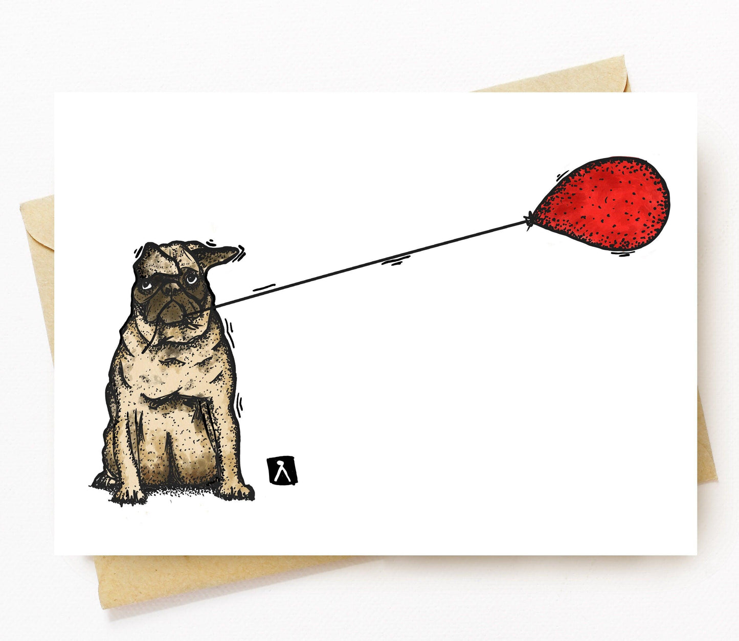 BellavanceInk: Birthday Card With Pug And Her Balloon Pen & Ink Watercolor Illustration 5 x 7 Inches - BellavanceInk