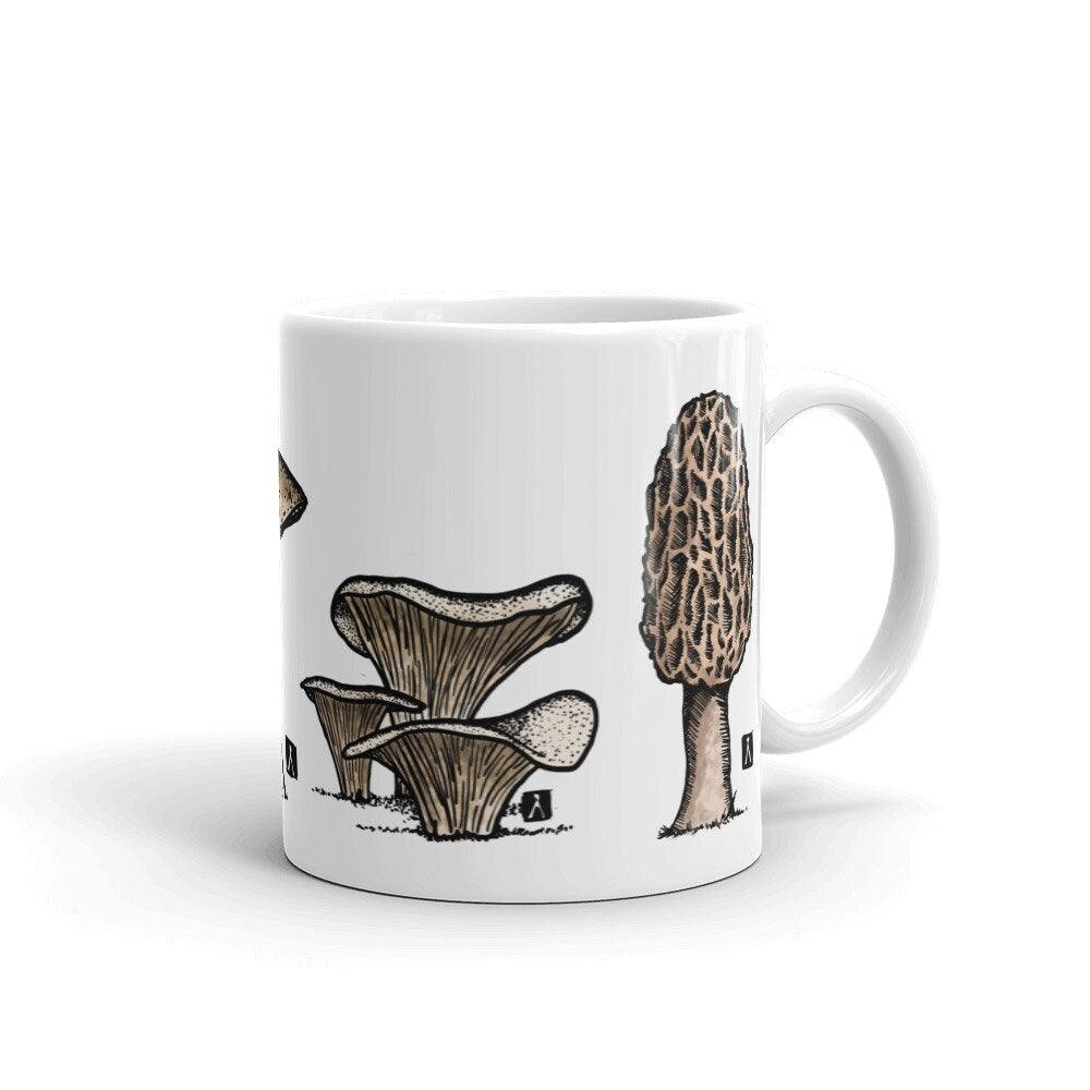 BellavanceInk: White Coffee Mug With Pen/Ink Watercolor Oyster Mushroom Porcini Mushroom Chanterelle Mushroom And Morel Mushroom - BellavanceInk