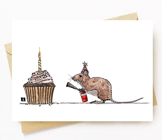 BellavanceInk: Birthday Card With Mouse And Cupcake Pen & Ink Watercolor Illustration 5 x 7 Inches - BellavanceInk