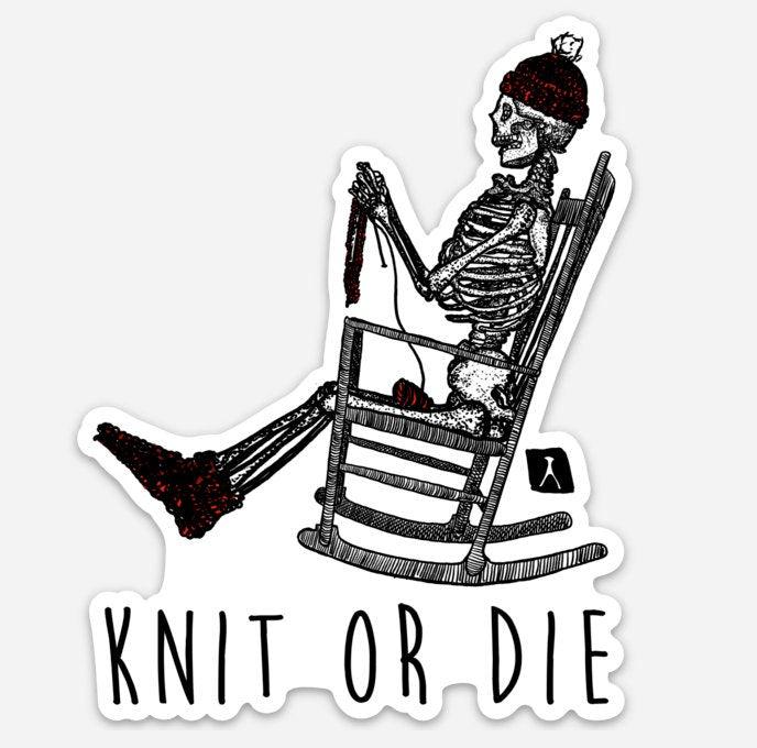 BellavanceInk: Skeleton In A Rocking Chair Knit Or Die Vinyl Sticker Illustration - BellavanceInk