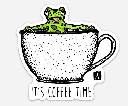 BellavanceInk: Poison Dart Frog Taking A Hot Tub In A Cup Of Coffee Vinyl Sticker Hand Drawn Illustration - BellavanceInk