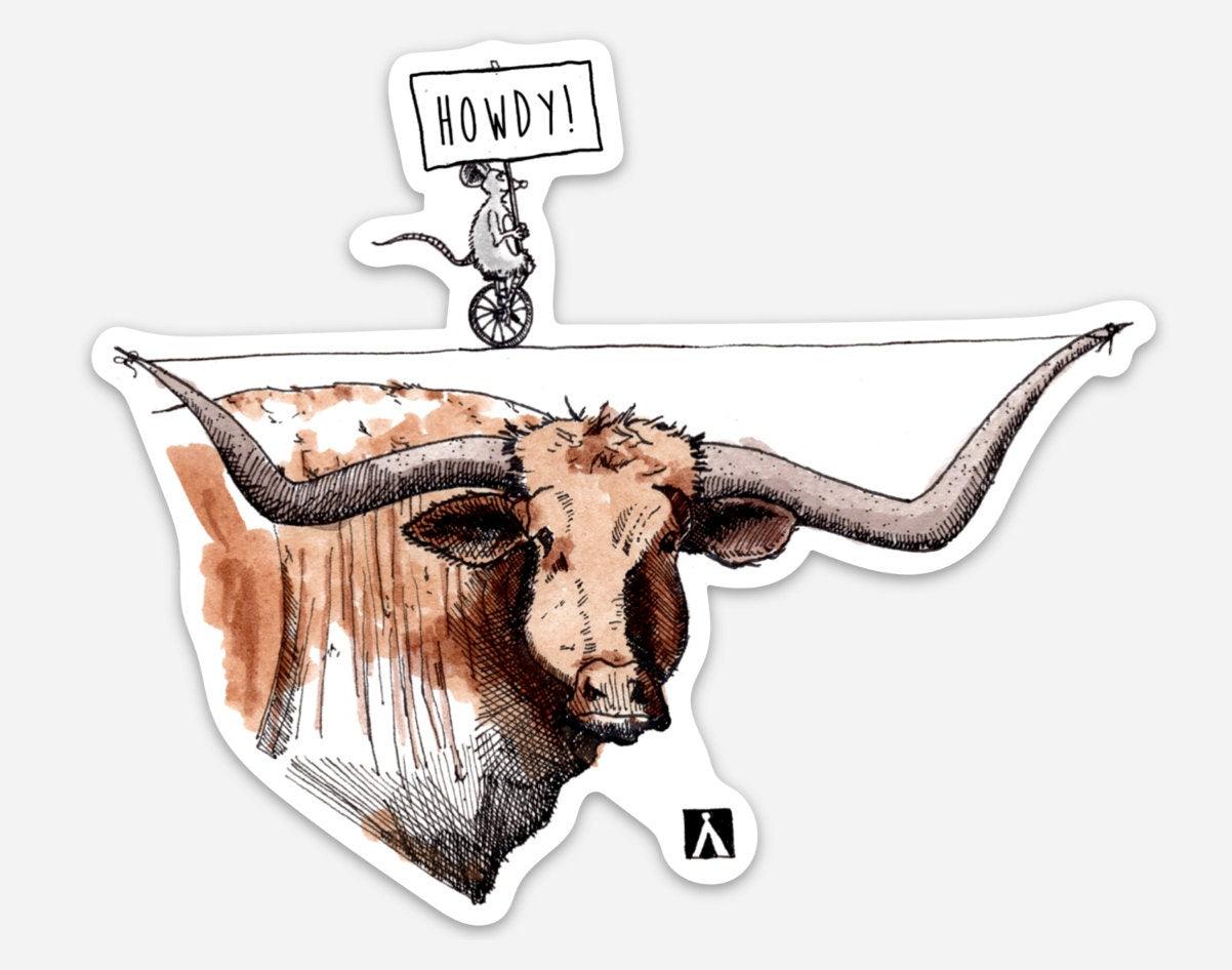 BellavanceInk: Long Horn Steer With Mouse On A High Wire With Umbrella Vinyl Sticker Hand Drawn Illustration - BellavanceInk