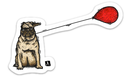 BellavanceInk: Pen And Ink Watercolor of Pug Dog Holding Onto A Red Balloon In The Wind Vinyl Sticker Illustration - BellavanceInk