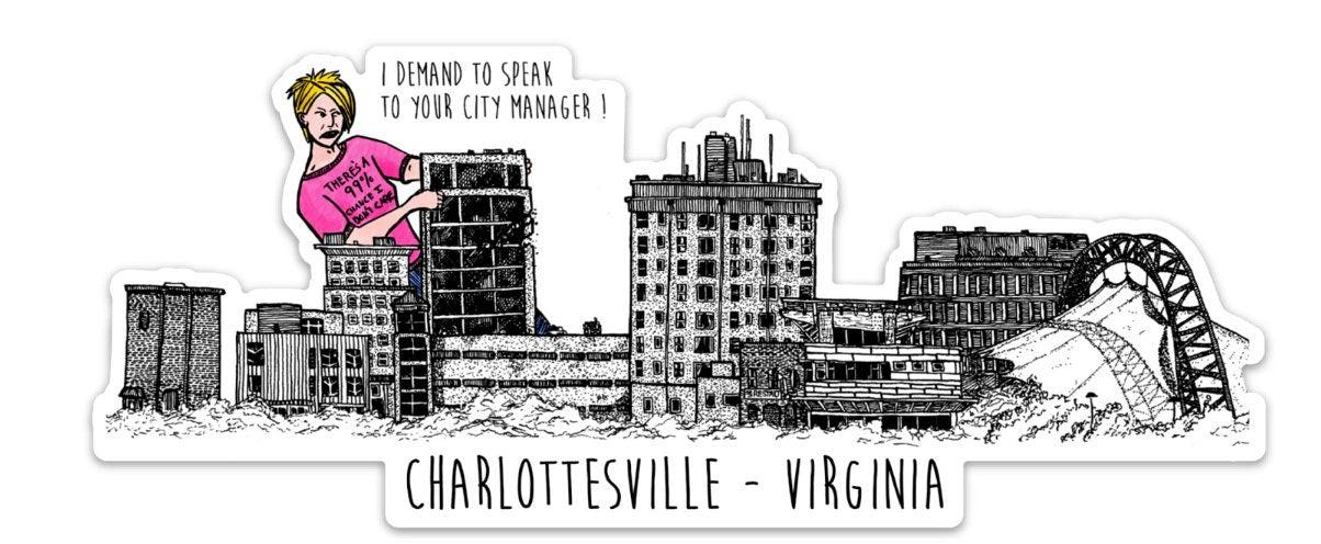 BellavanceInk: Giant Karen Monster Attacking The Landmark Hotel In Charlottesville Vinyl Sticker - BellavanceInk