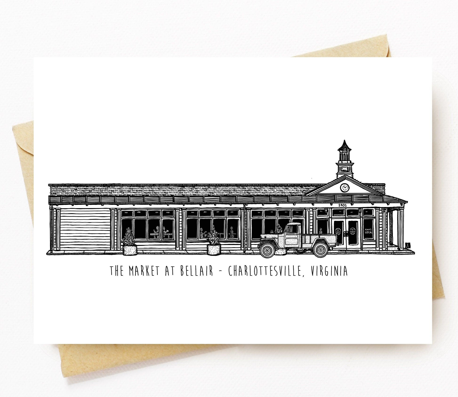 BellavanceInk: Greeting Card With A Pen & Ink Drawing Of The Market At Bellair In Charlottesville 5 x 7 Inches - BellavanceInk