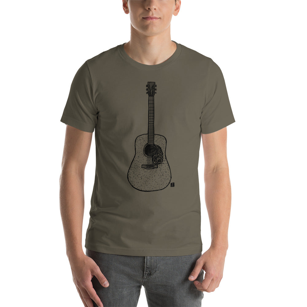BellavanceInk: Pen And Ink Illustration Of A Vintage D18 Martin Acoustic Guitar On A Short Sleeve T-Shirt