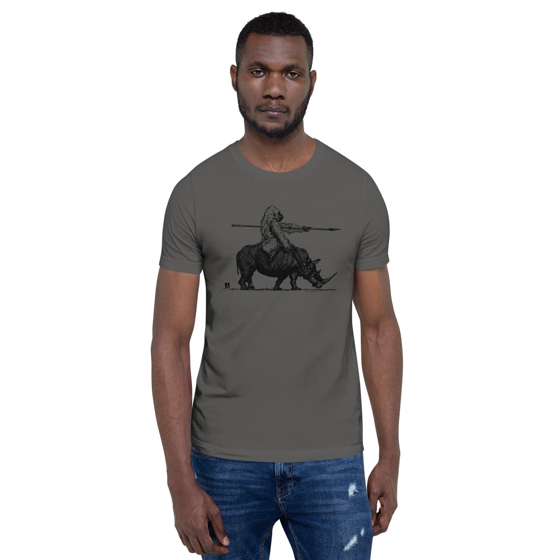 BellavanceInk: Gorilla Riding A War Rhino Pen And Ink Drawing Short Sleeve T-Shirt - BellavanceInk