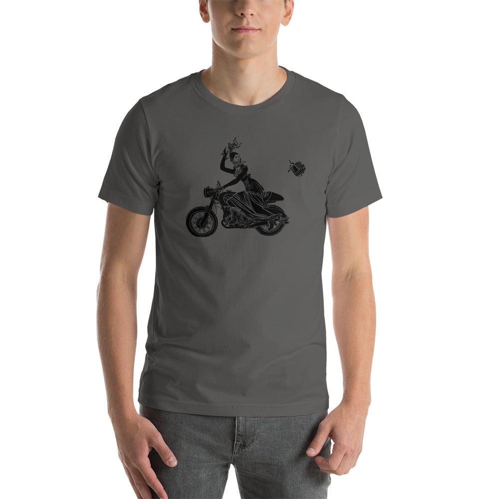 BellavanceInk: Victorian Lady Riding A Cafe Racer Motorcycle On Short Sleeve T-Shirt - BellavanceInk