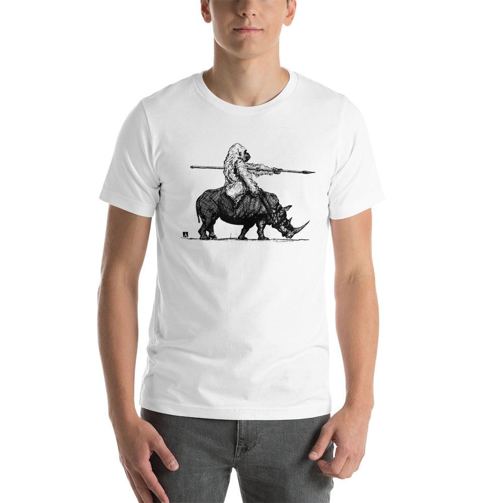 BellavanceInk: Gorilla Riding A War Rhino Pen And Ink Drawing Short Sleeve T-Shirt - BellavanceInk