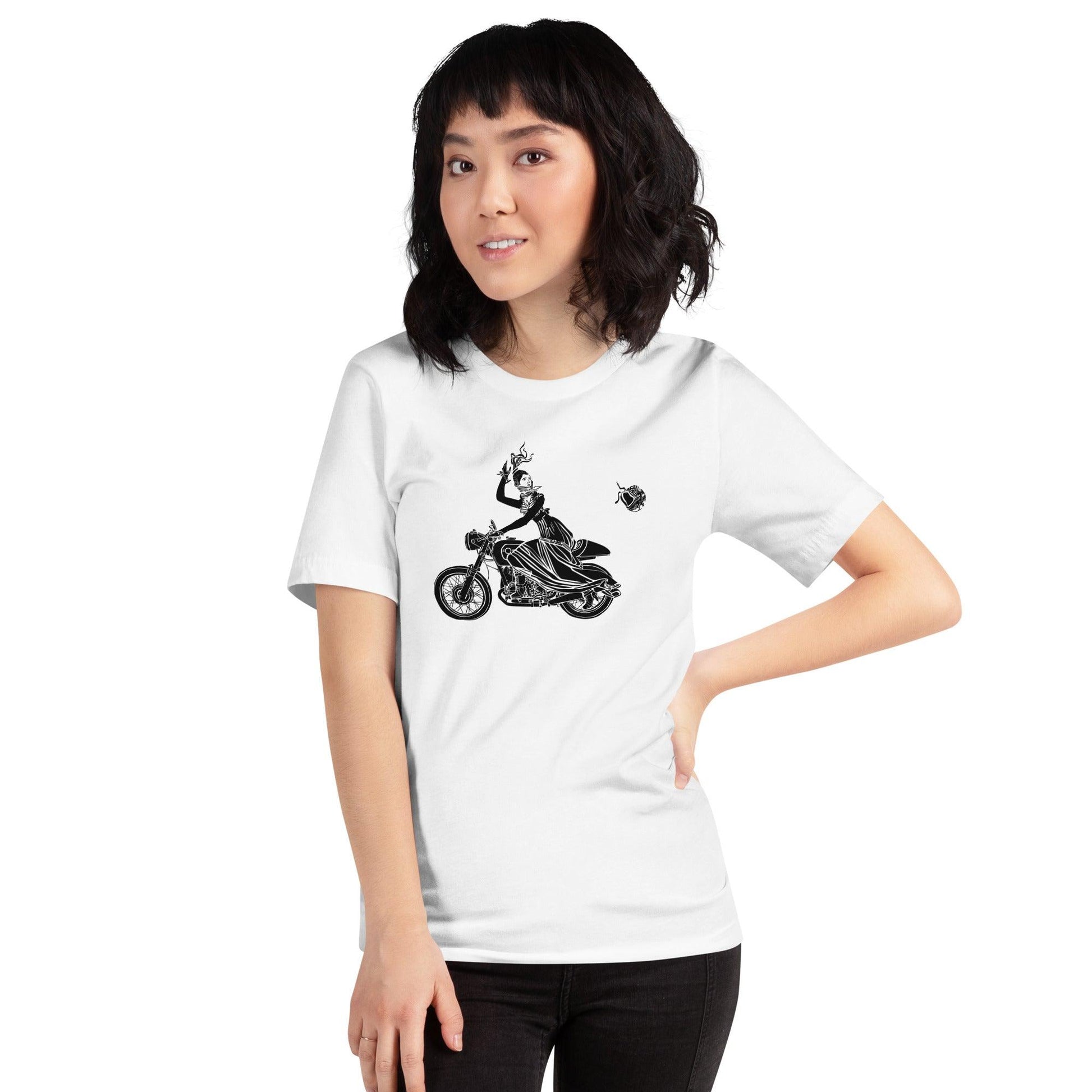 BellavanceInk: Victorian Lady Riding A Cafe Racer Motorcycle On Short Sleeve T-Shirt - BellavanceInk