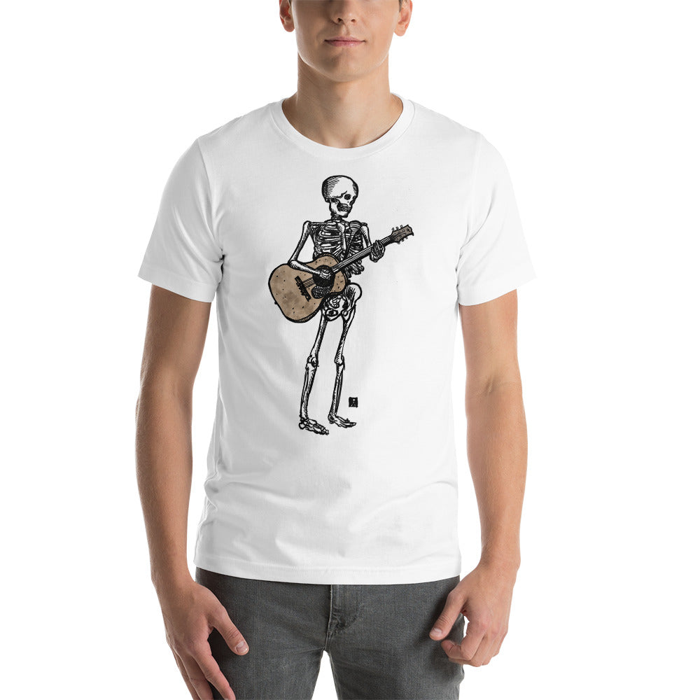 BellavanceInk: White T-Shirt With Skeletons Playing A Banjo, Guitar, Or Mandolin