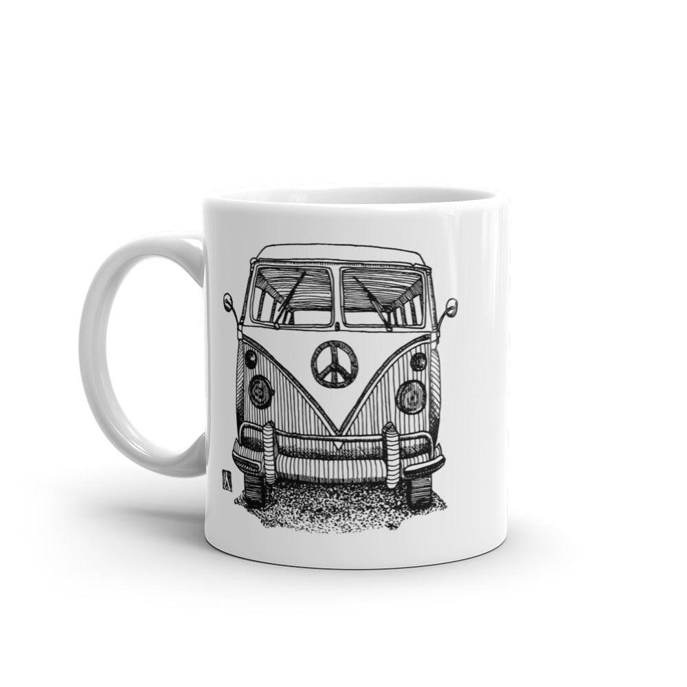 BellavanceInk: Coffee Mug With Vintage VW Bus Hippie Van Pen And Ink Illustration - BellavanceInk