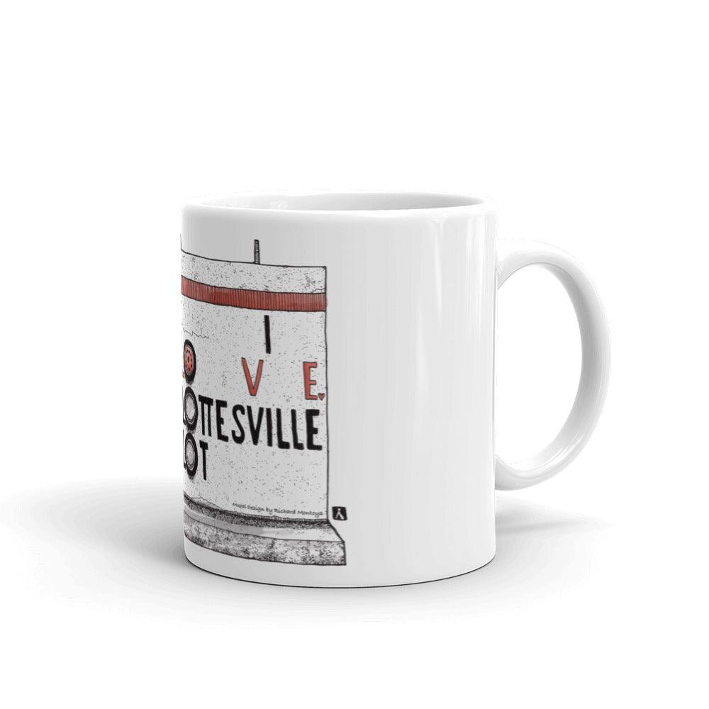 BellavanceInk: Coffee Mug With Pen & Ink Sketch Of The I Love Charlottesville Building Sign In Belmont - BellavanceInk