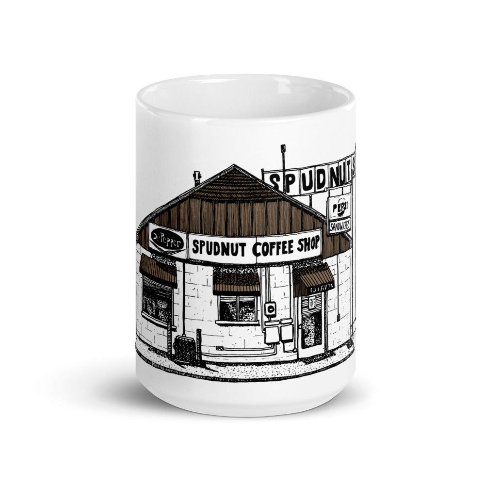 BellavanceInk: Coffee Mug With Pen & Ink Sketch Of The Old Spudnuts Building In Charlottesville/Belmont - BellavanceInk