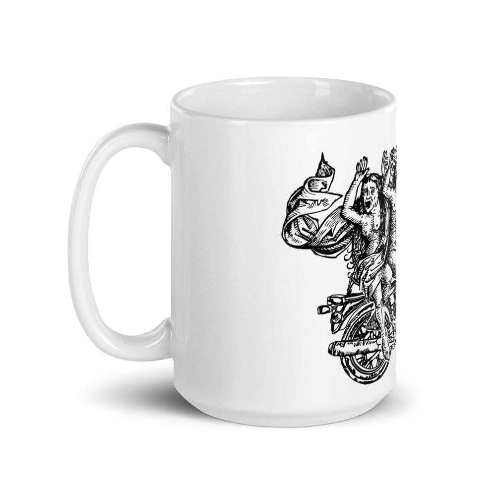 BellavanceInk: Coffee Mug With Demon And Lady Riding A Motorcycle Pen And Ink Illustration - BellavanceInk