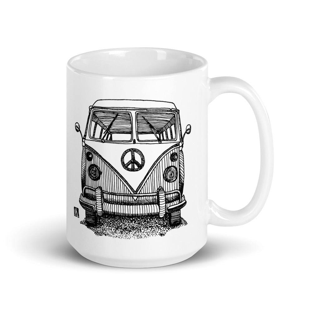 BellavanceInk: Coffee Mug With Vintage VW Bus Hippie Van Pen And Ink Illustration - BellavanceInk