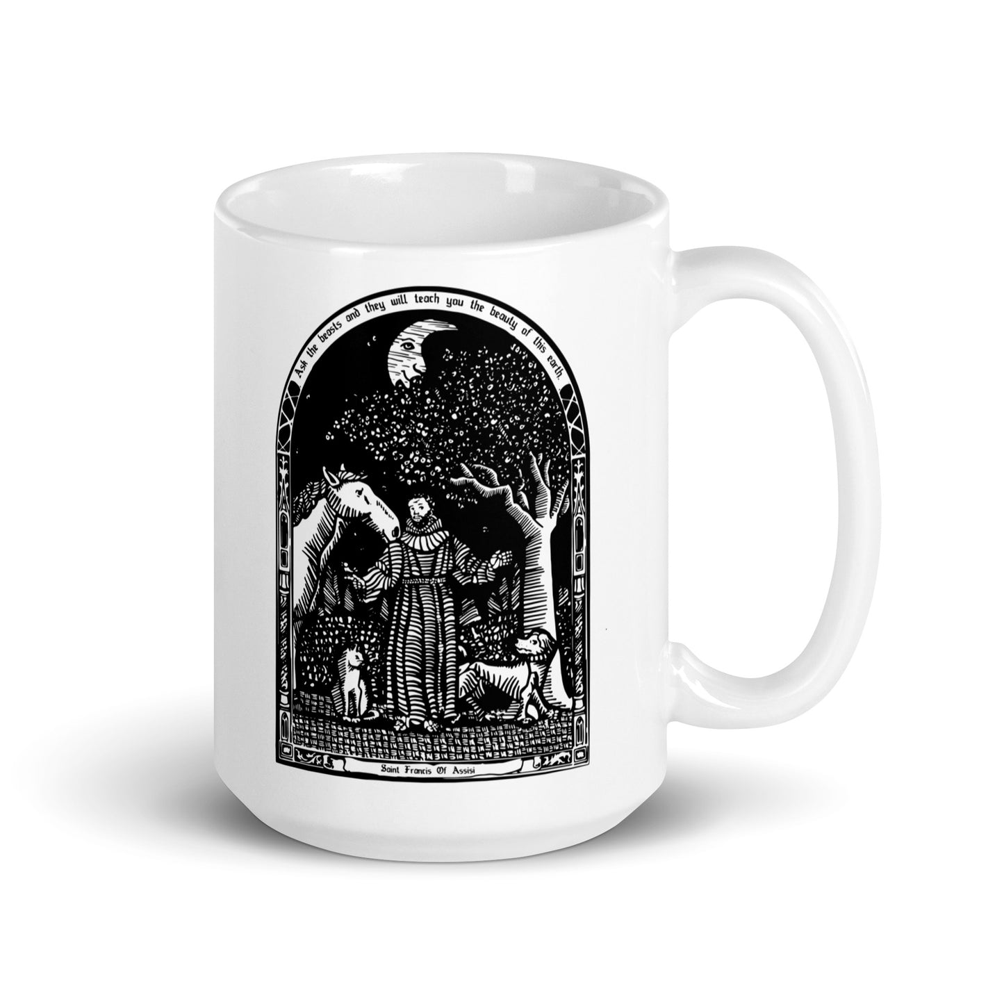 BellavanceInk: Coffee Mug With The Patron Of Pets Saint Francis Of Assisi Wood Cut Style Graphic