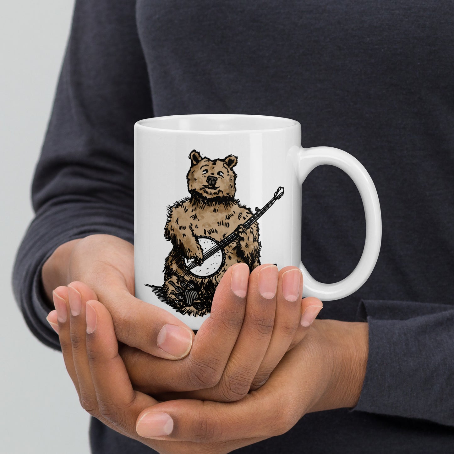 BellavanceInk: White Coffee Mug With A Grizzly Bear Playing The Banjo Pen & Ink Illustration