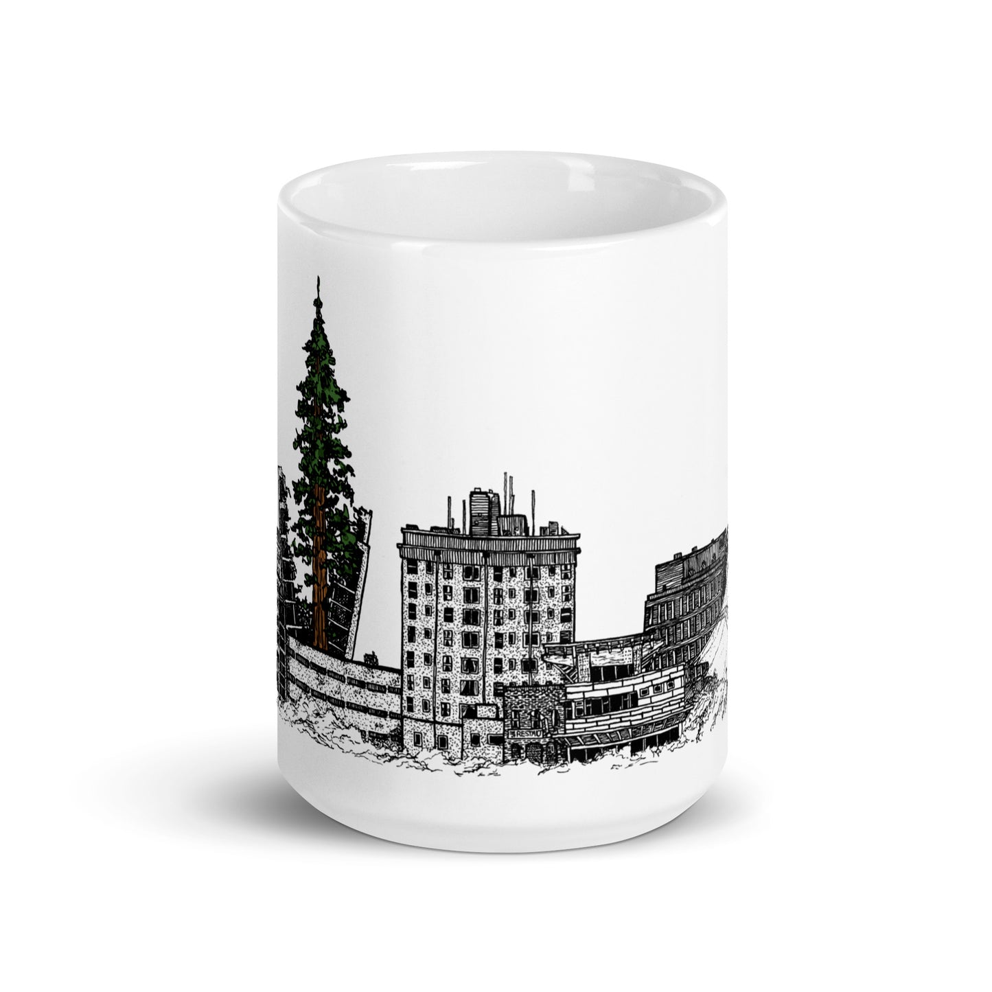 BellavanceInk: Coffee Mug With Pen & Ink Watercolor Sketch Of A Giant Sequoia Growing Out Of The Abandoned Landmark Hotel In Charlottesville