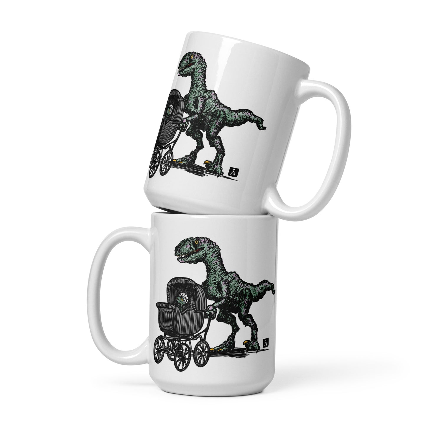 BellavanceInk: Coffee Mug With Velociraptor Dinosaur With Baby Pen & Ink Watercolor Illustration