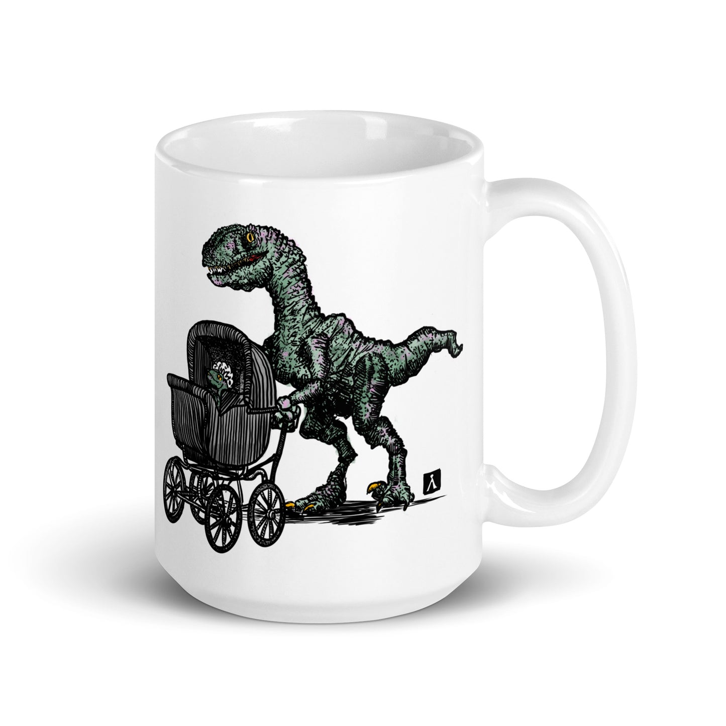 BellavanceInk: Coffee Mug With Velociraptor Dinosaur With Baby Pen & Ink Watercolor Illustration