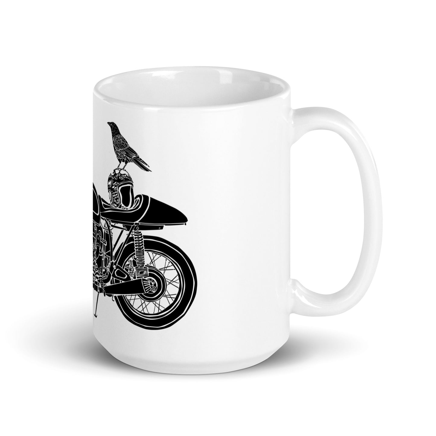 BellavanceInk: Coffee Mug With A Crow Sitting On Top Of A Vintage Cafe Racer Motorcycle Pen & Ink Sketch
